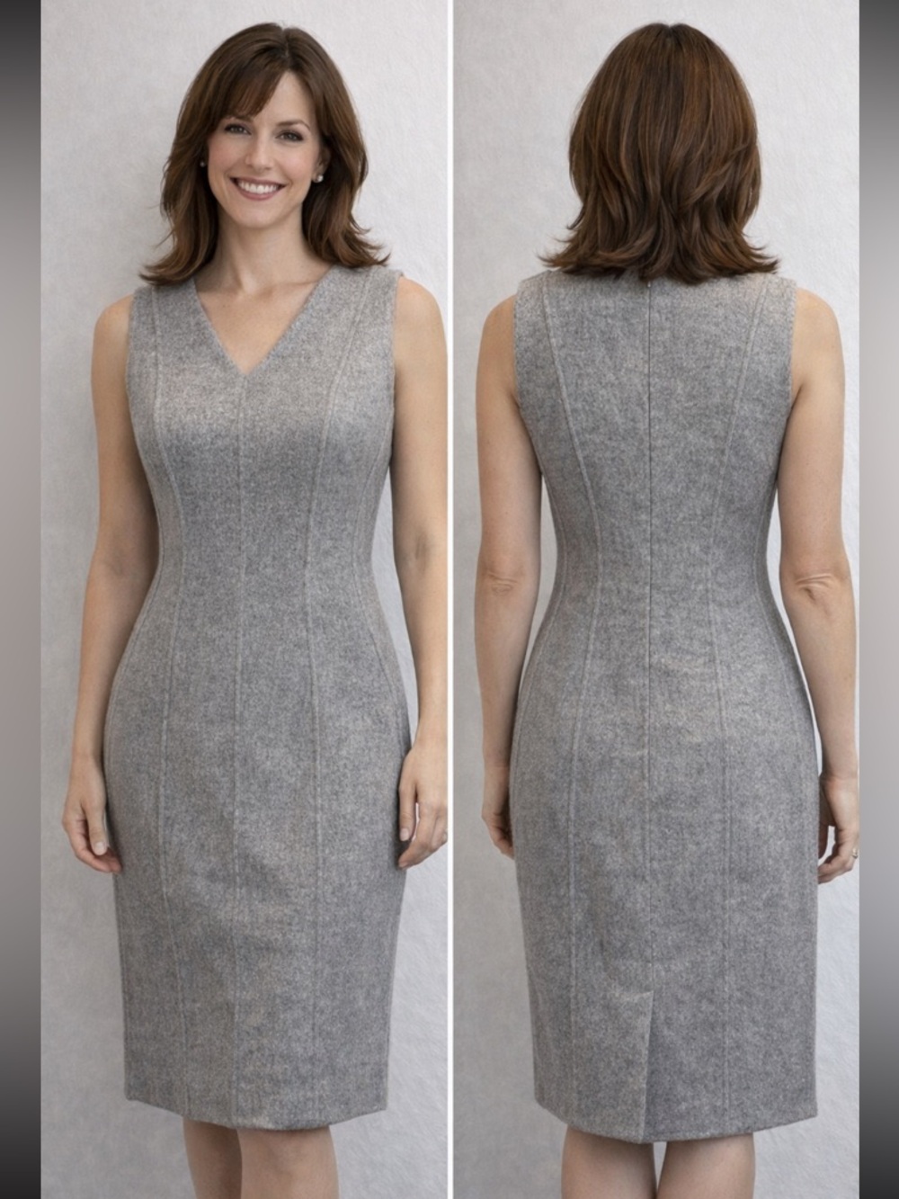 Talbots Grey Sheath Dress Sleeveless V-Neck Wool 8 Chic Work Quiet Luxury